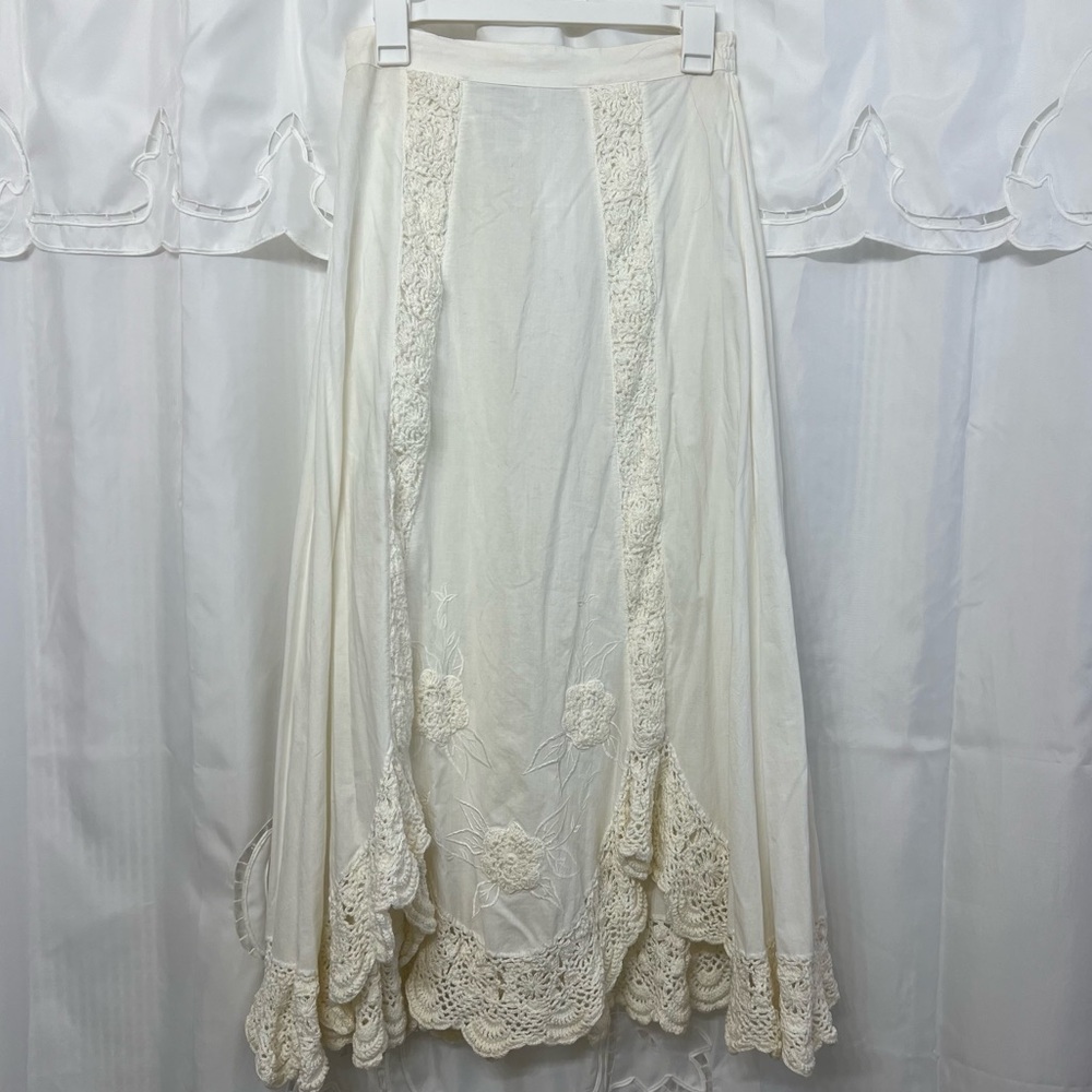 Kroschetta White Cotton Crochet Lace Boho Maxi Skirt | Size Medium